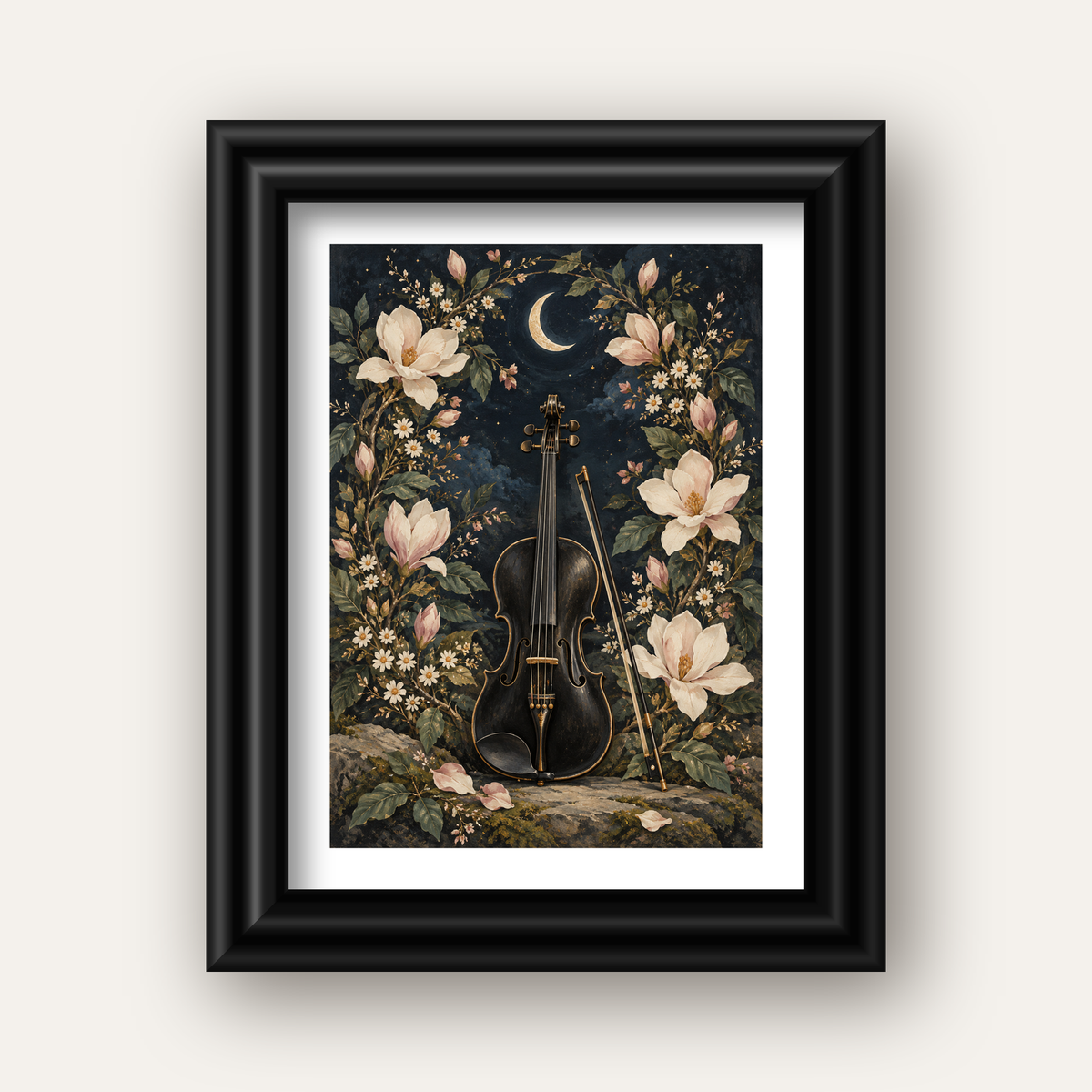 Keman ve Çiçekli Gece: Sanatsal Romantik Poster Baskı — siyah galeri çerçeveli paspartulu