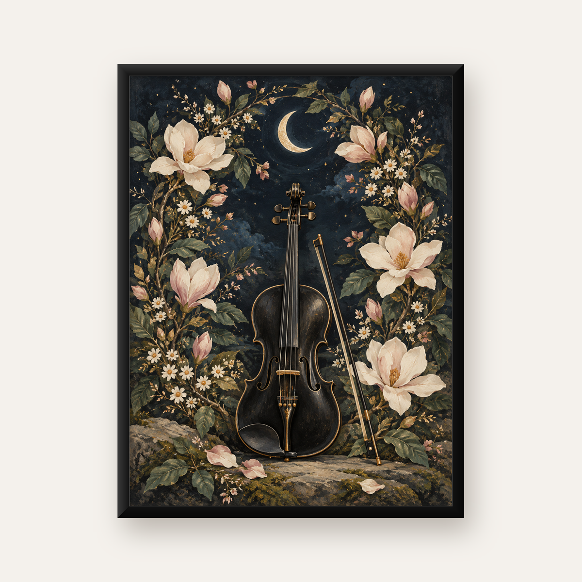 Keman ve Çiçekli Gece: Sanatsal Romantik Poster Baskı — Dikey baskı, düz siyah çerçeveli duvar posteri