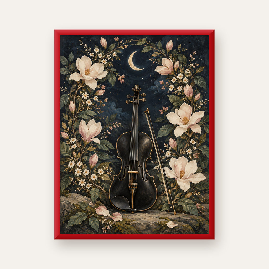 Keman ve Çiçekli Gece: Sanatsal Romantik Poster Baskı — kırmızı çerçeveli