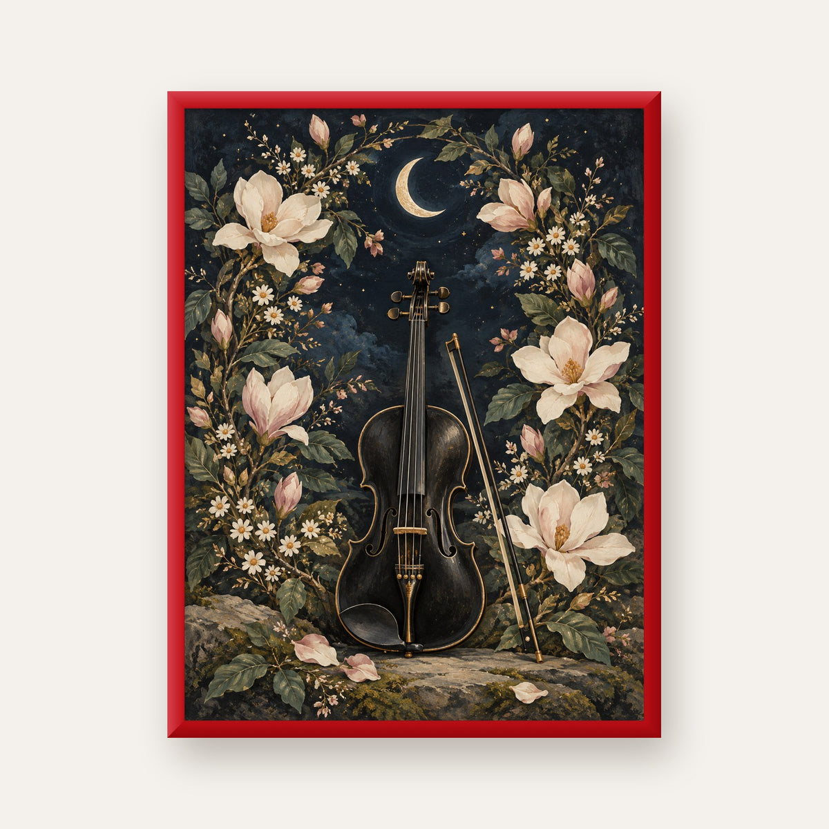 Keman ve Çiçekli Gece: Sanatsal Romantik Poster Baskı — kırmızı çerçeveli