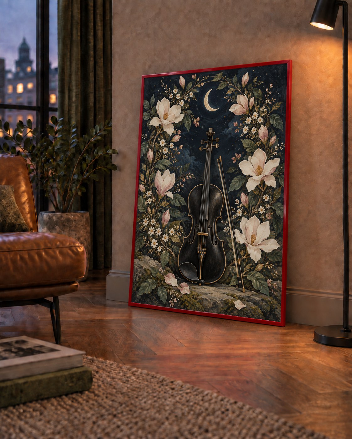 Keman ve Çiçekli Gece: Sanatsal Romantik Poster Baskı — çerçeveli hâliyle bir ev duvarında