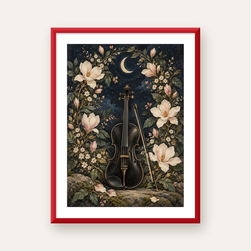 Keman ve Çiçekli Gece: Sanatsal Romantik Poster Baskı — kırmızı çerçeveli paspartulu