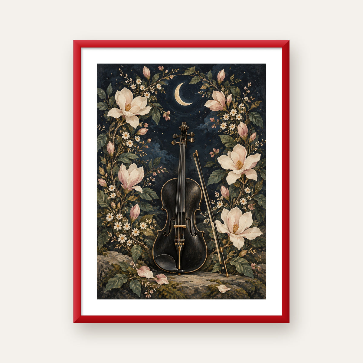 Keman ve Çiçekli Gece: Sanatsal Romantik Poster Baskı — kırmızı çerçeveli paspartulu