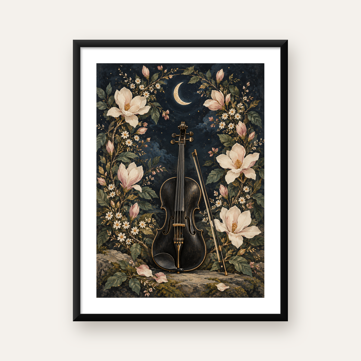 Keman ve Çiçekli Gece: Sanatsal Romantik Poster Baskı — Dikey baskı, beyaz paspartulu