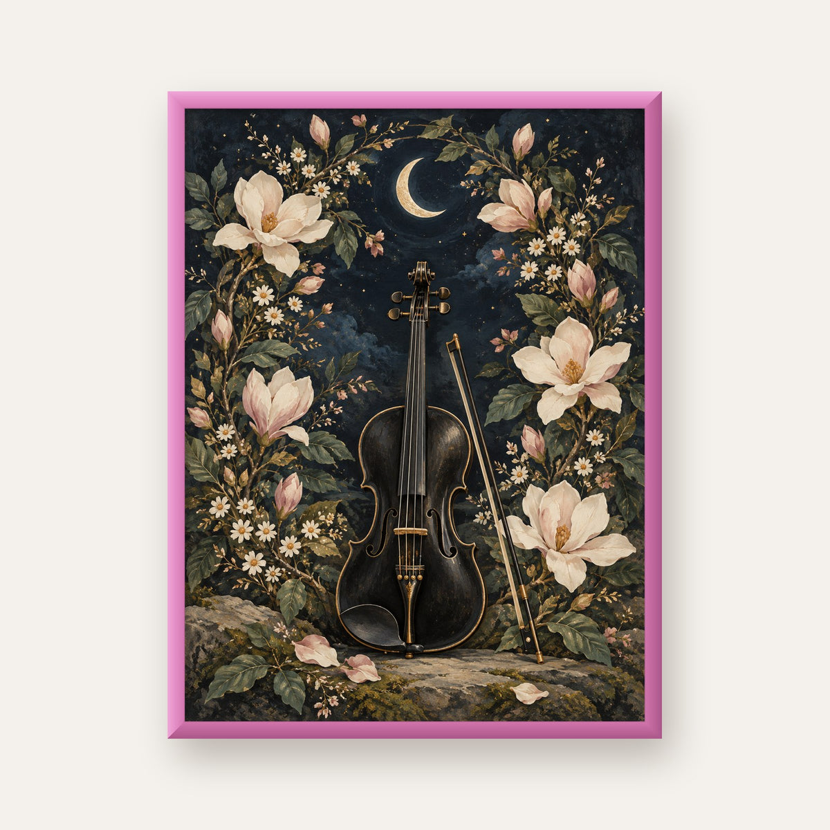Keman ve Çiçekli Gece: Sanatsal Romantik Poster Baskı — pembe çerçeveli
