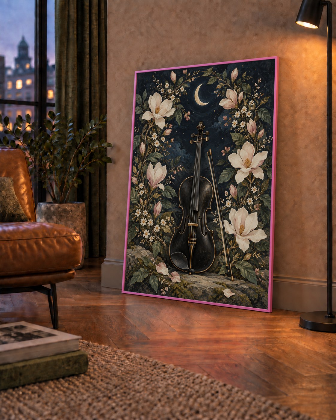 Keman ve Çiçekli Gece: Sanatsal Romantik Poster Baskı — çerçeveli hâliyle bir ev duvarında