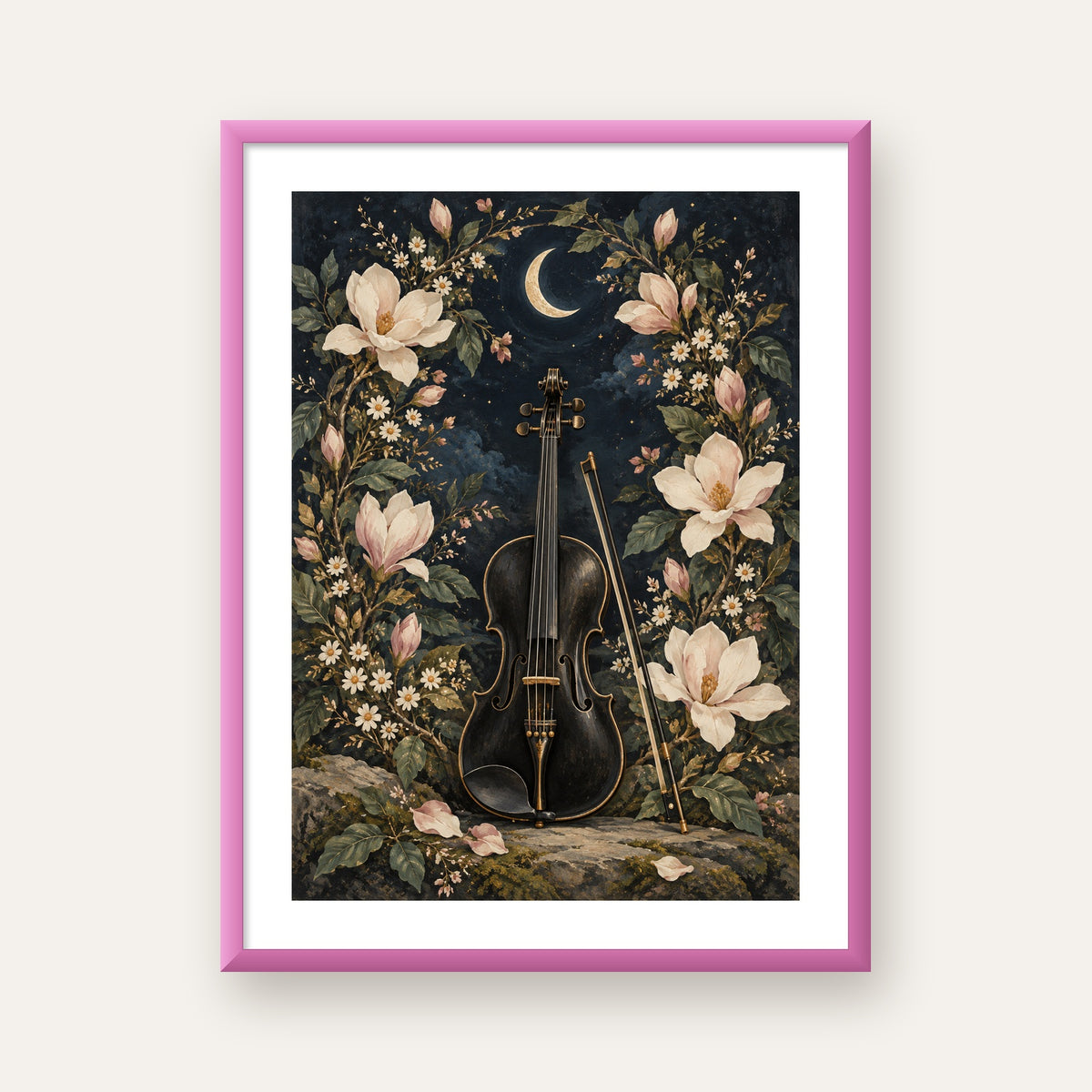 Keman ve Çiçekli Gece: Sanatsal Romantik Poster Baskı — pembe çerçeveli paspartulu