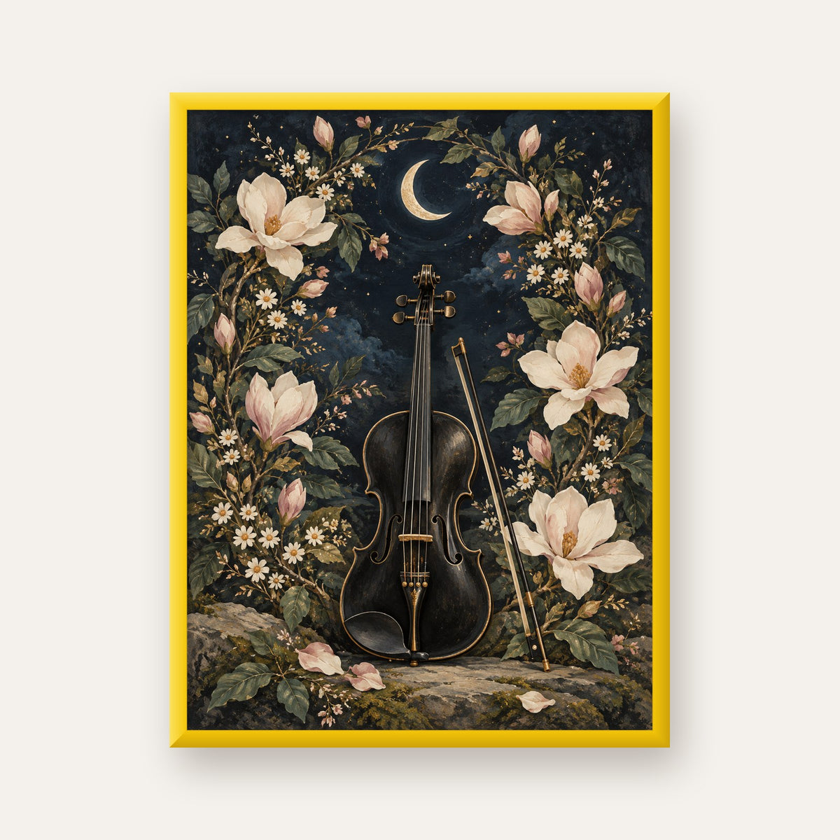 Keman ve Çiçekli Gece: Sanatsal Romantik Poster Baskı — sarı çerçeveli