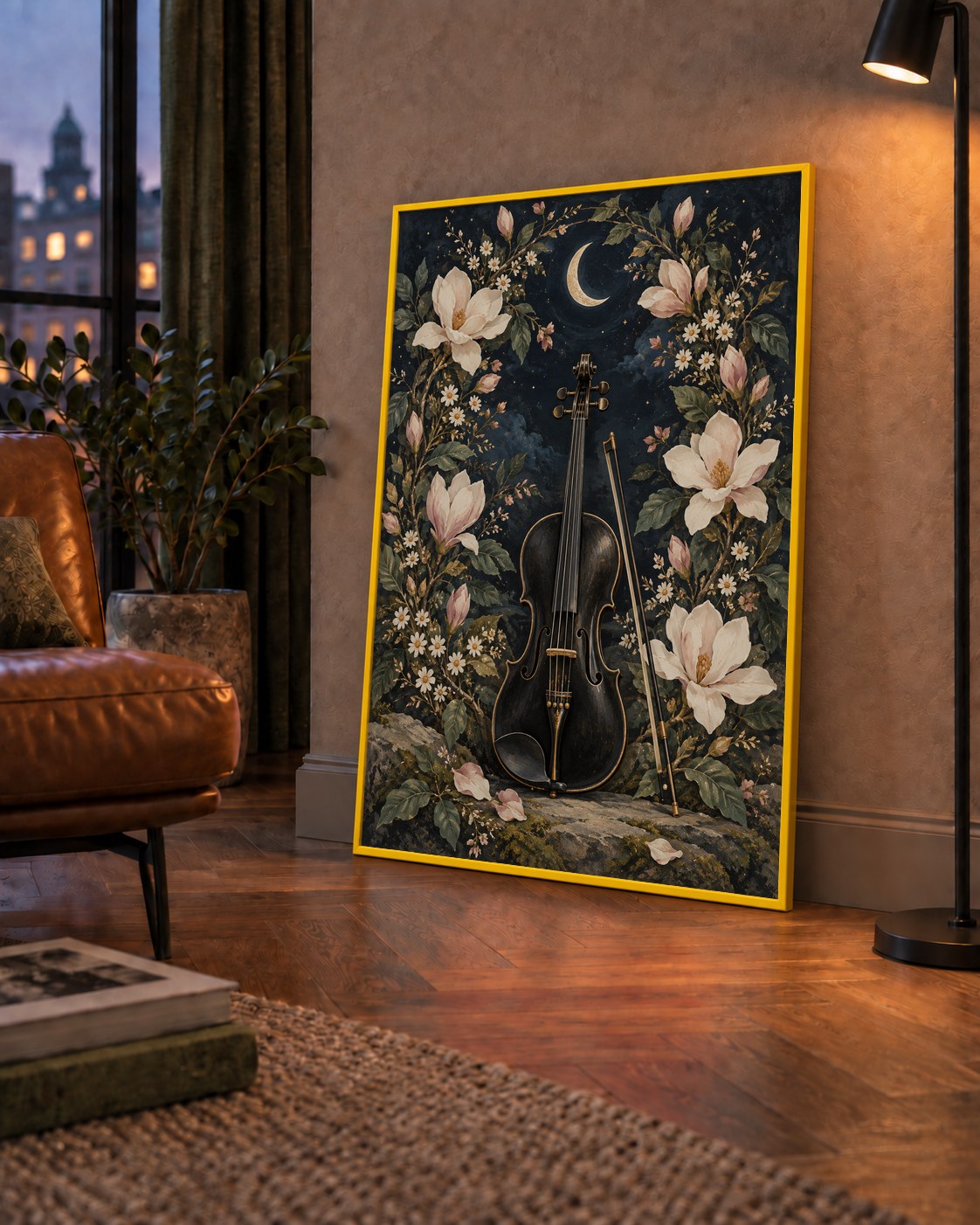 Keman ve Çiçekli Gece: Sanatsal Romantik Poster Baskı — çerçeveli hâliyle bir ev duvarında