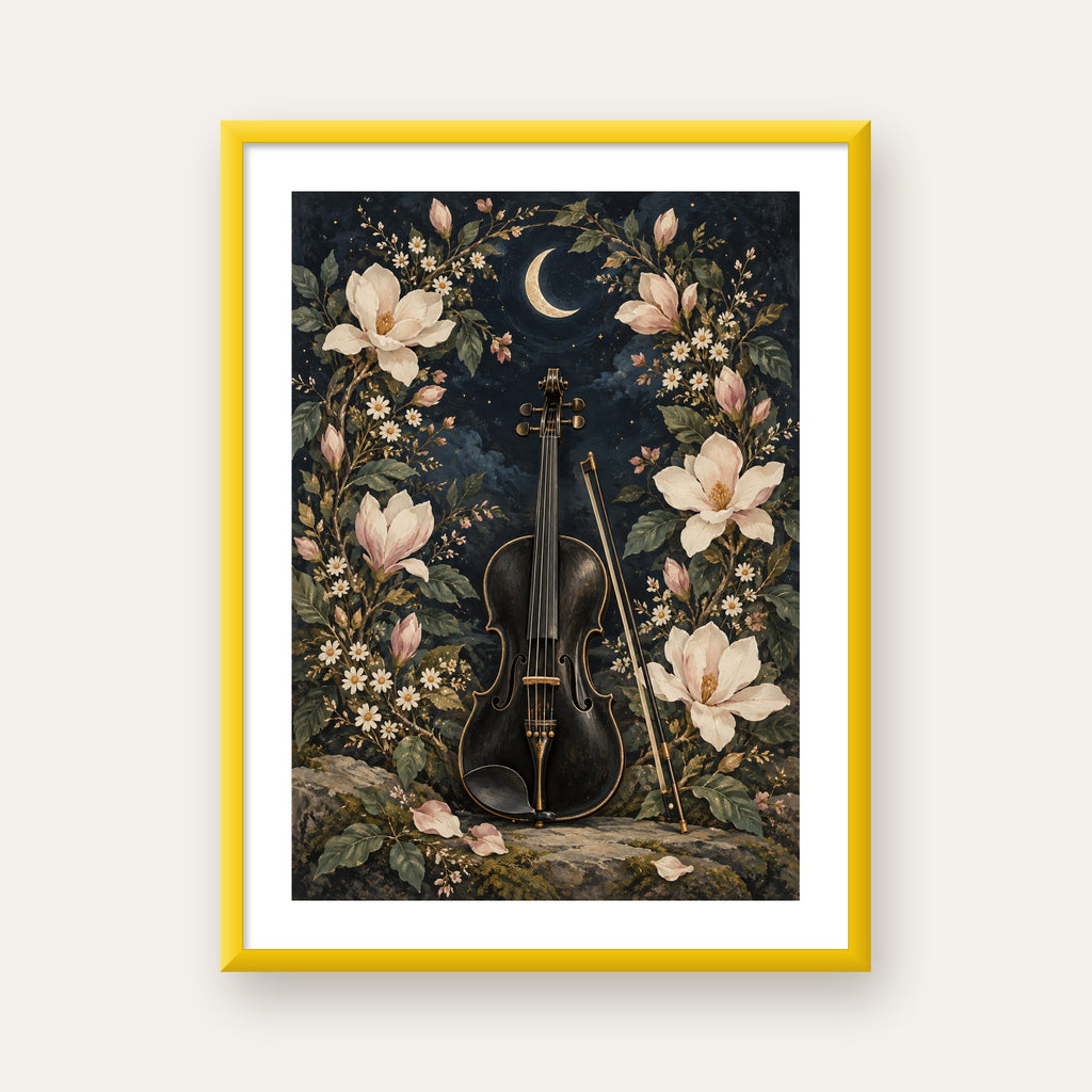 Keman ve Çiçekli Gece: Sanatsal Romantik Poster Baskı — sarı çerçeveli paspartulu