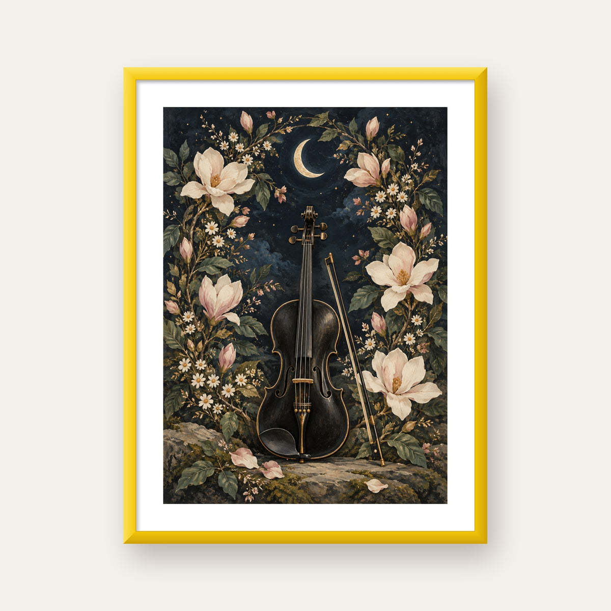 Keman ve Çiçekli Gece: Sanatsal Romantik Poster Baskı — sarı çerçeveli paspartulu