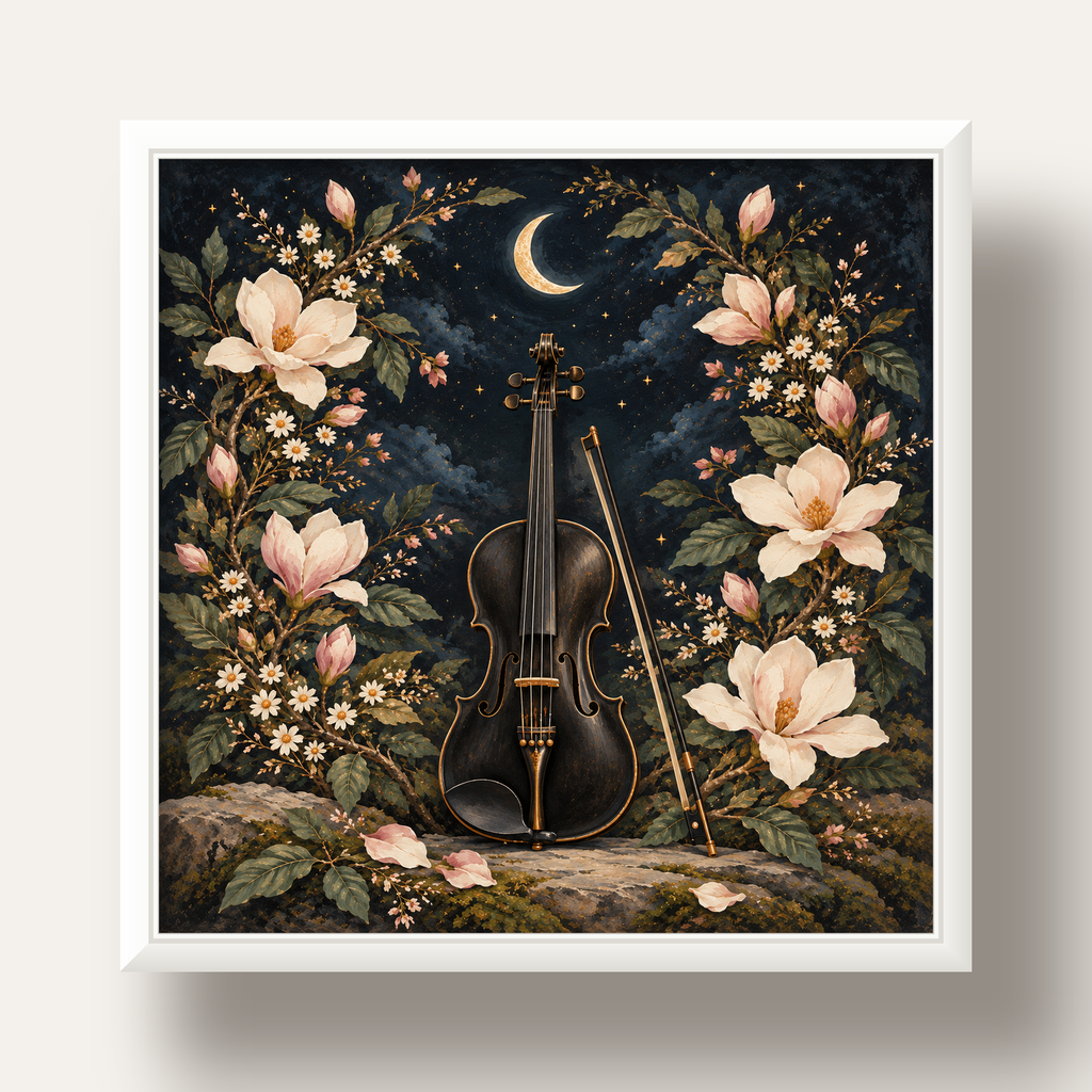 Keman ve Çiçekli Gece: Sanatsal Romantik Poster Baskı — beyaz derin çerçeveli
