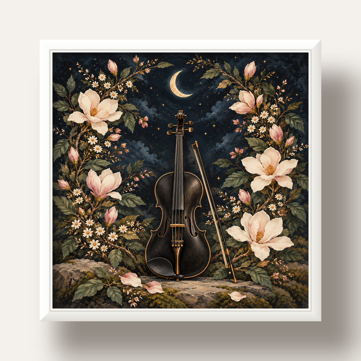 Keman ve Çiçekli Gece: Sanatsal Romantik Poster Baskı — beyaz derin çerçeveli