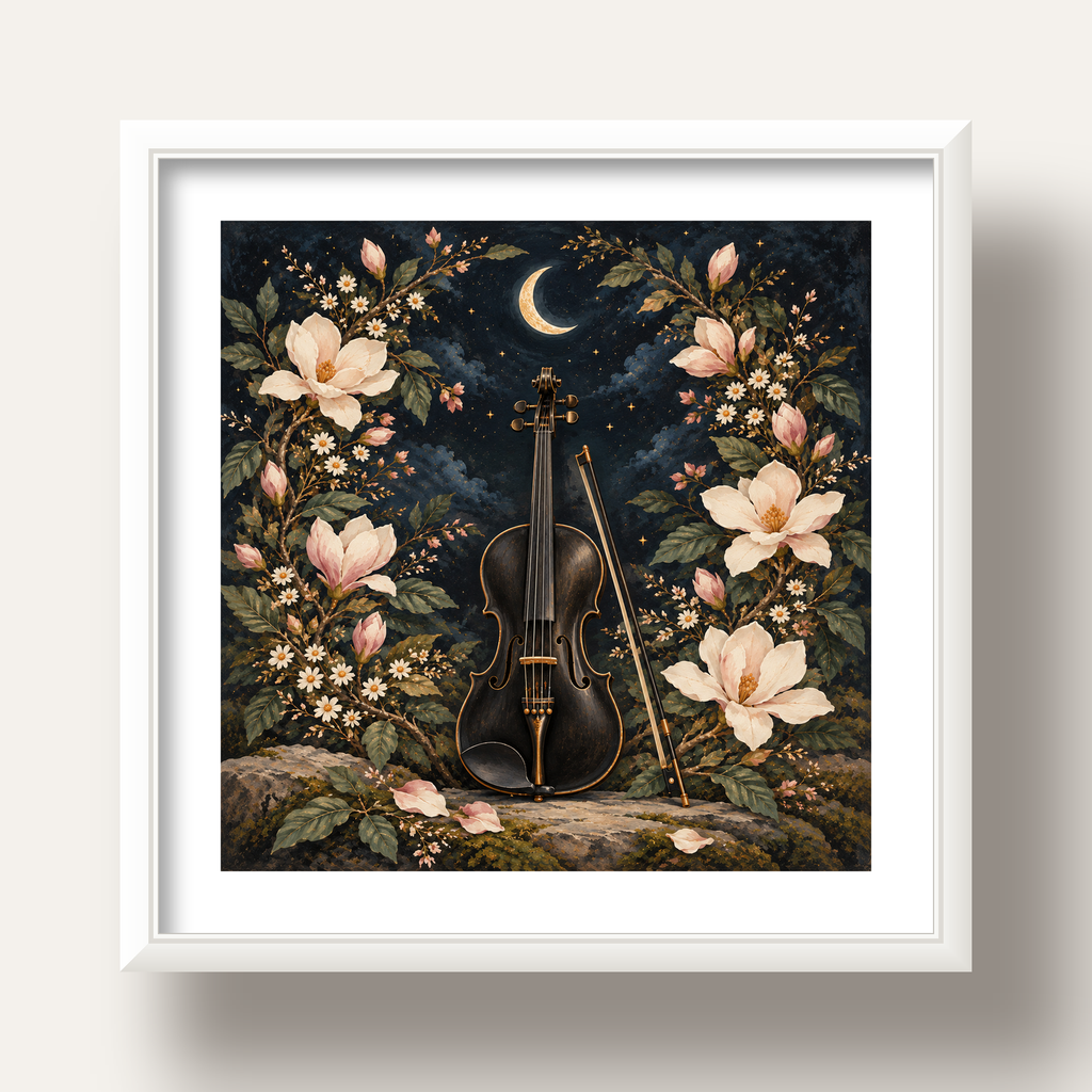 Keman ve Çiçekli Gece: Sanatsal Romantik Poster Baskı — beyaz derin çerçeveli paspartulu