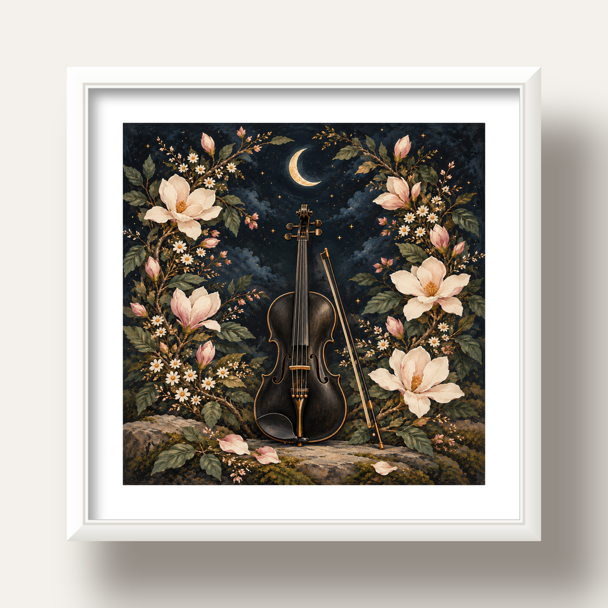 Keman ve Çiçekli Gece: Sanatsal Romantik Poster Baskı — beyaz derin çerçeveli paspartulu