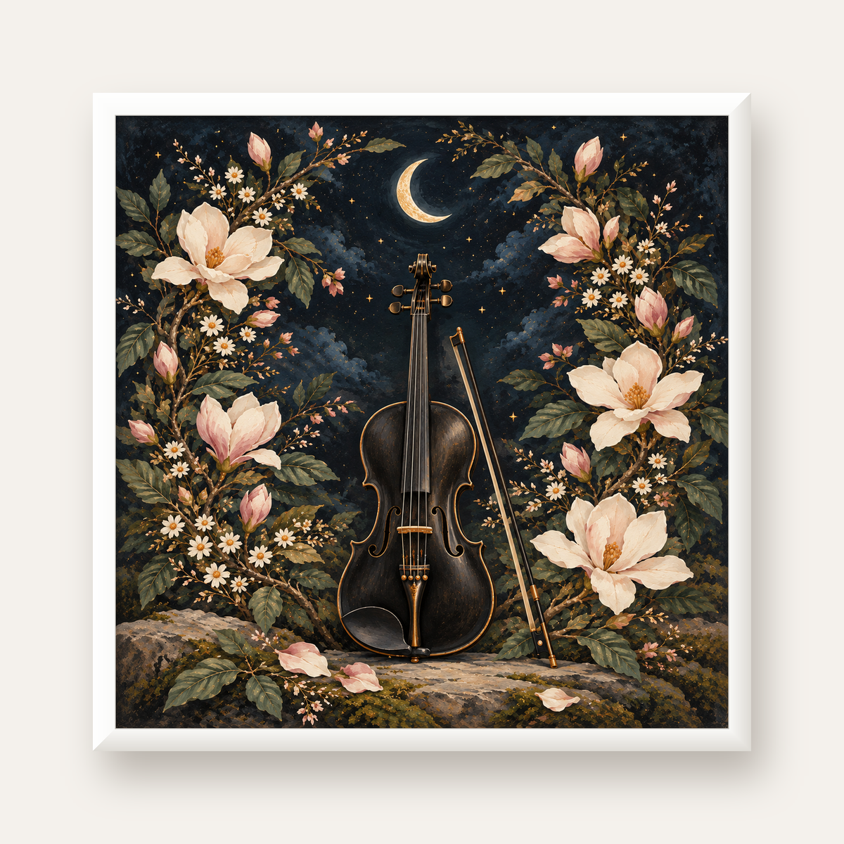Keman ve Çiçekli Gece: Sanatsal Romantik Poster Baskı — beyaz çerçeveli kare poster