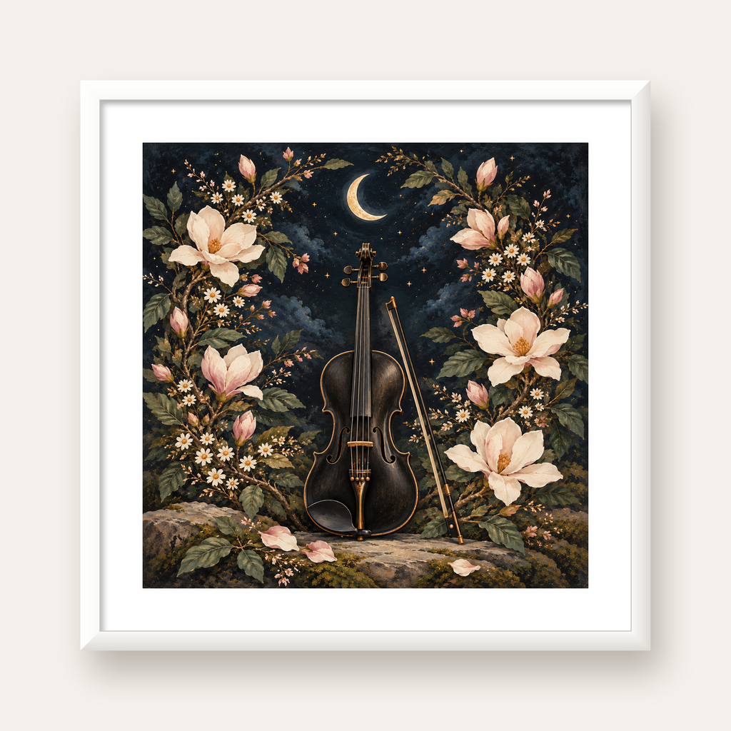 Keman ve Çiçekli Gece: Sanatsal Romantik Poster Baskı — beyaz çerçeveli kare poster