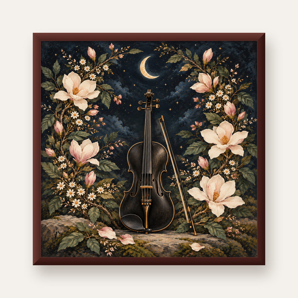 Keman ve Çiçekli Gece: Sanatsal Romantik Poster Baskı — ceviz çerçeveli