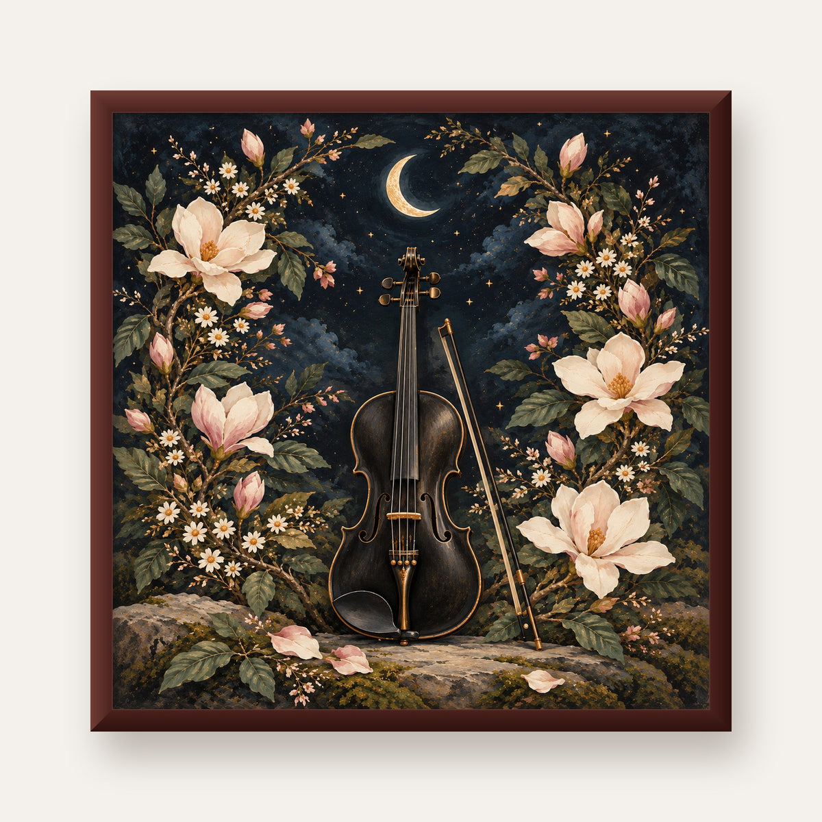 Keman ve Çiçekli Gece: Sanatsal Romantik Poster Baskı — ceviz çerçeveli