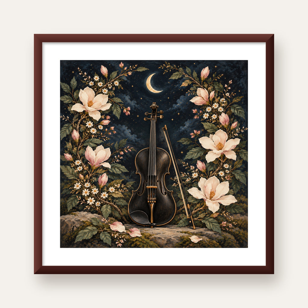 Keman ve Çiçekli Gece: Sanatsal Romantik Poster Baskı — ceviz çerçeveli paspartulu
