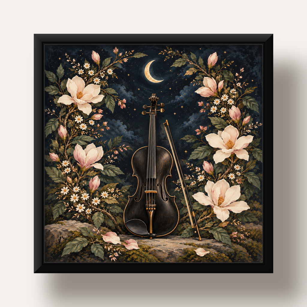 Keman ve Çiçekli Gece: Sanatsal Romantik Poster Baskı — siyah derin çerçeveli