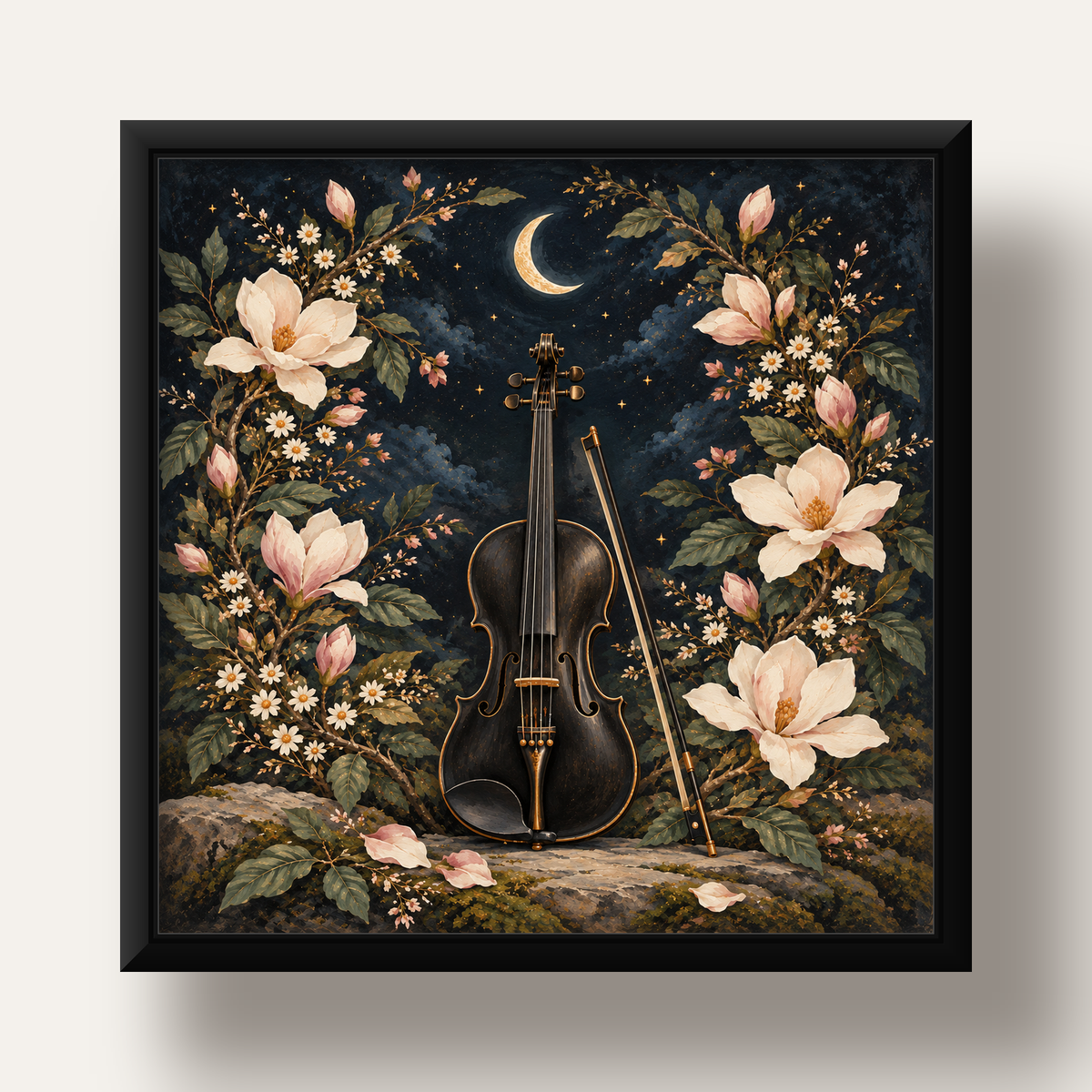 Keman ve Çiçekli Gece: Sanatsal Romantik Poster Baskı — siyah derin çerçeveli