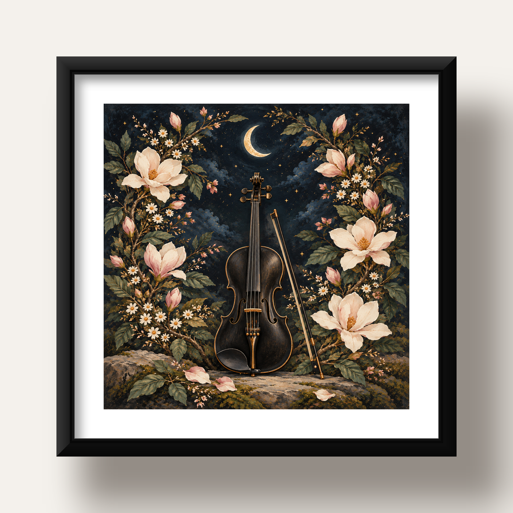 Keman ve Çiçekli Gece: Sanatsal Romantik Poster Baskı — siyah derin çerçeveli paspartulu