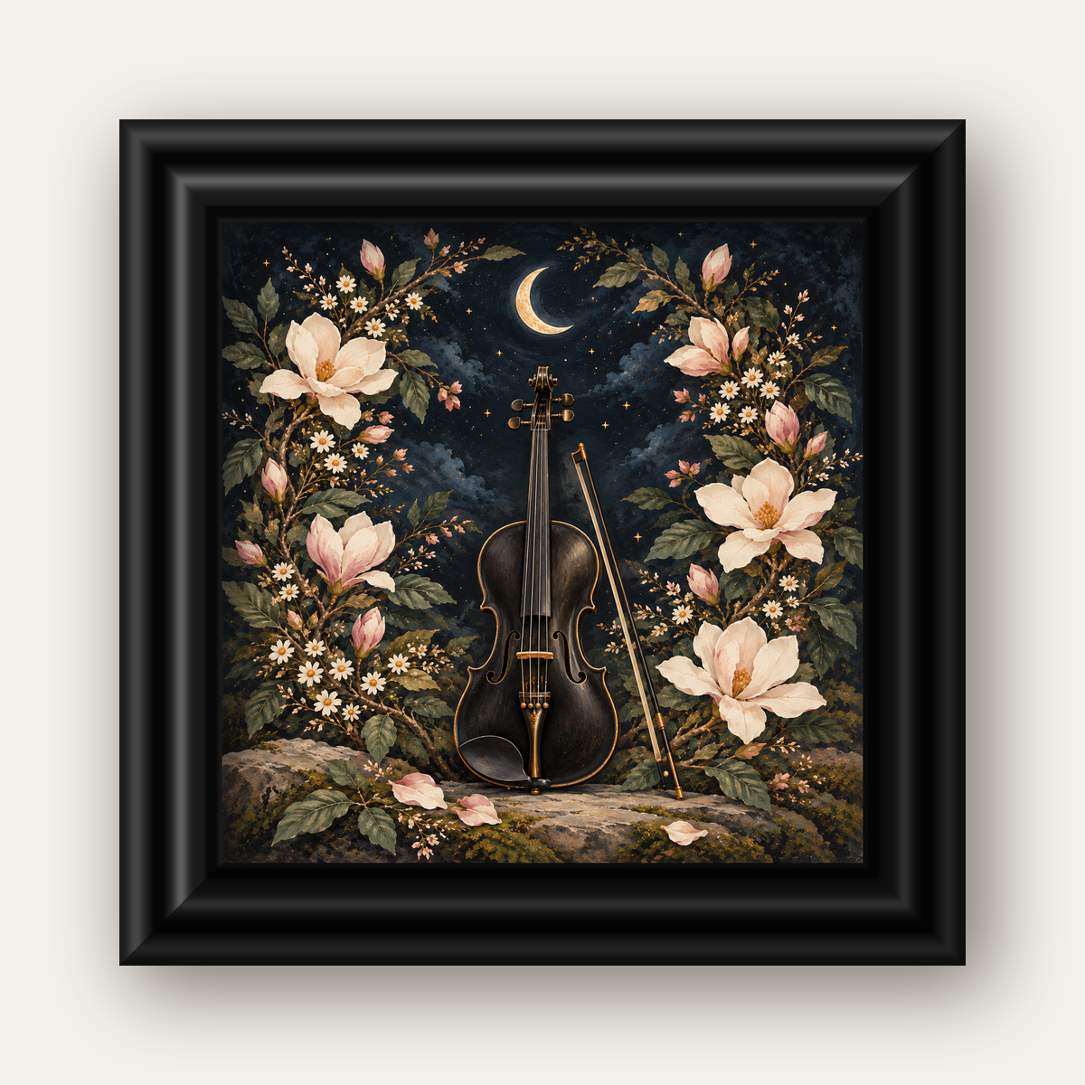 Keman ve Çiçekli Gece: Sanatsal Romantik Poster Baskı — siyah galeri çerçeveli