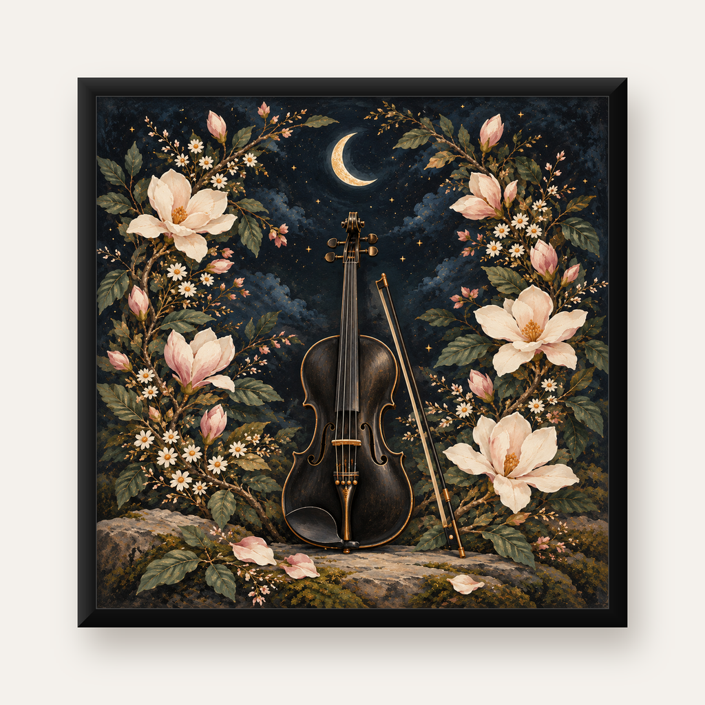 Keman ve Çiçekli Gece: Sanatsal Romantik Poster Baskı — Kare baskı, düz siyah çerçeveli duvar posteri