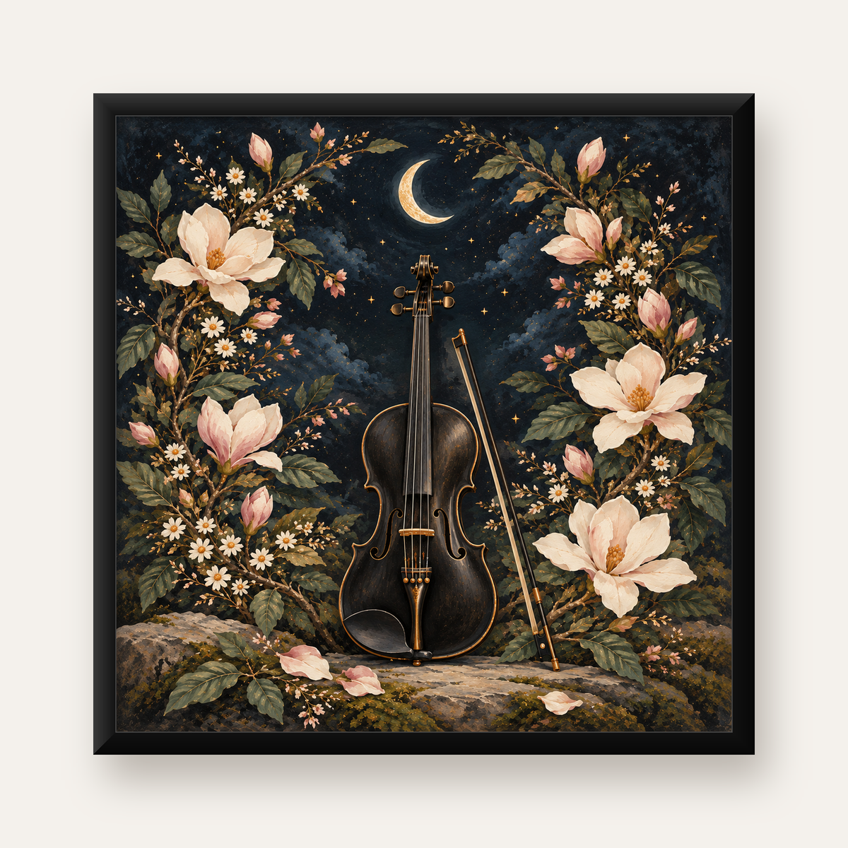 Keman ve Çiçekli Gece: Sanatsal Romantik Poster Baskı — Kare baskı, düz siyah çerçeveli duvar posteri