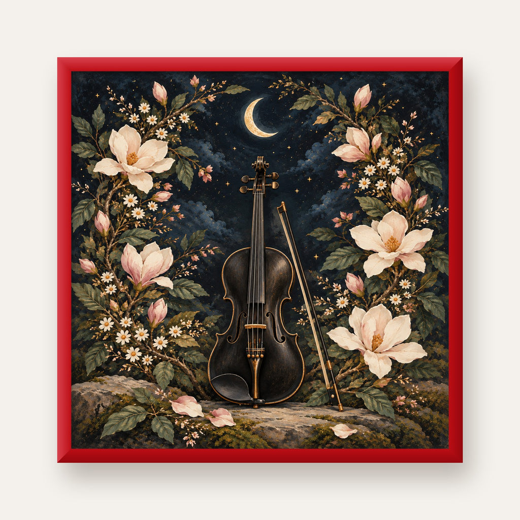 Keman ve Çiçekli Gece: Sanatsal Romantik Poster Baskı — kırmızı çerçeveli