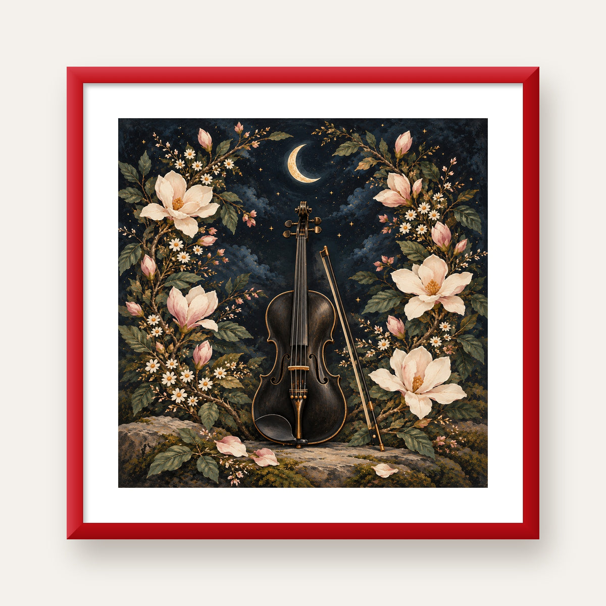 Keman ve Çiçekli Gece: Sanatsal Romantik Poster Baskı — kırmızı çerçeveli paspartulu