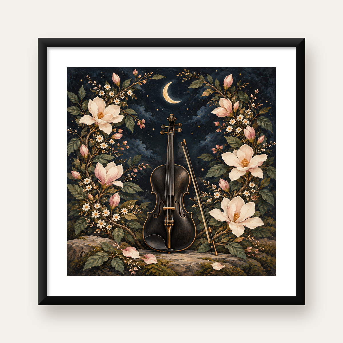 Keman ve Çiçekli Gece: Sanatsal Romantik Poster Baskı — Kare baskı, beyaz paspartulu