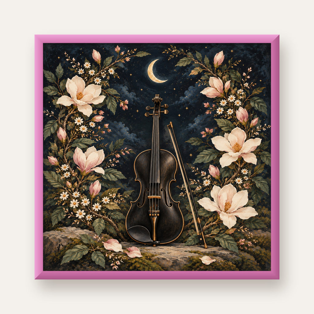 Keman ve Çiçekli Gece: Sanatsal Romantik Poster Baskı — pembe çerçeveli
