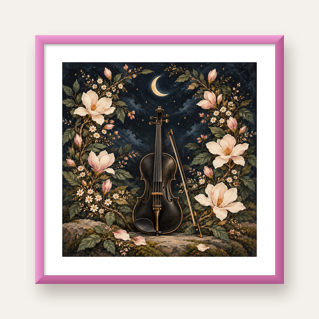 Keman ve Çiçekli Gece: Sanatsal Romantik Poster Baskı — pembe çerçeveli paspartulu
