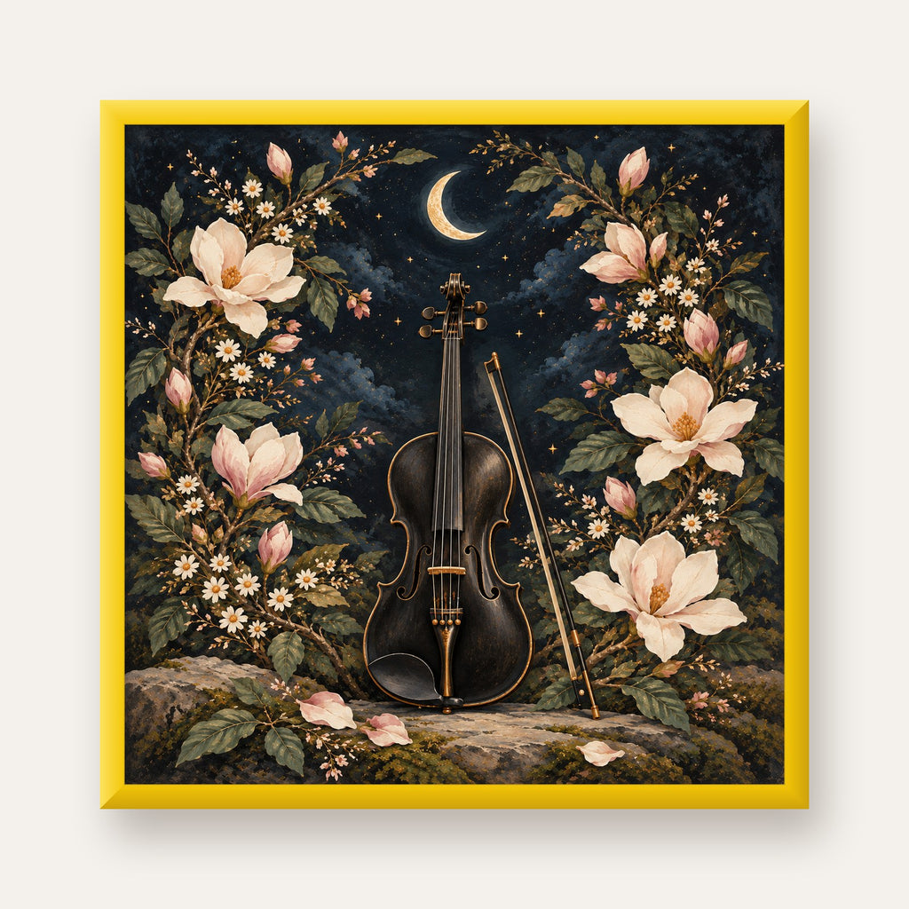 Keman ve Çiçekli Gece: Sanatsal Romantik Poster Baskı — sarı çerçeveli