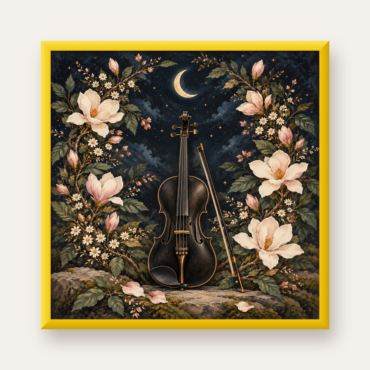 Keman ve Çiçekli Gece: Sanatsal Romantik Poster Baskı — sarı çerçeveli
