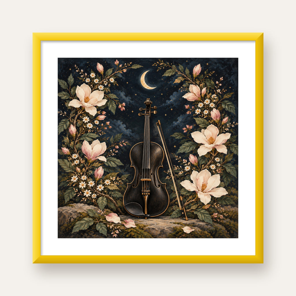 Keman ve Çiçekli Gece: Sanatsal Romantik Poster Baskı — sarı çerçeveli paspartulu