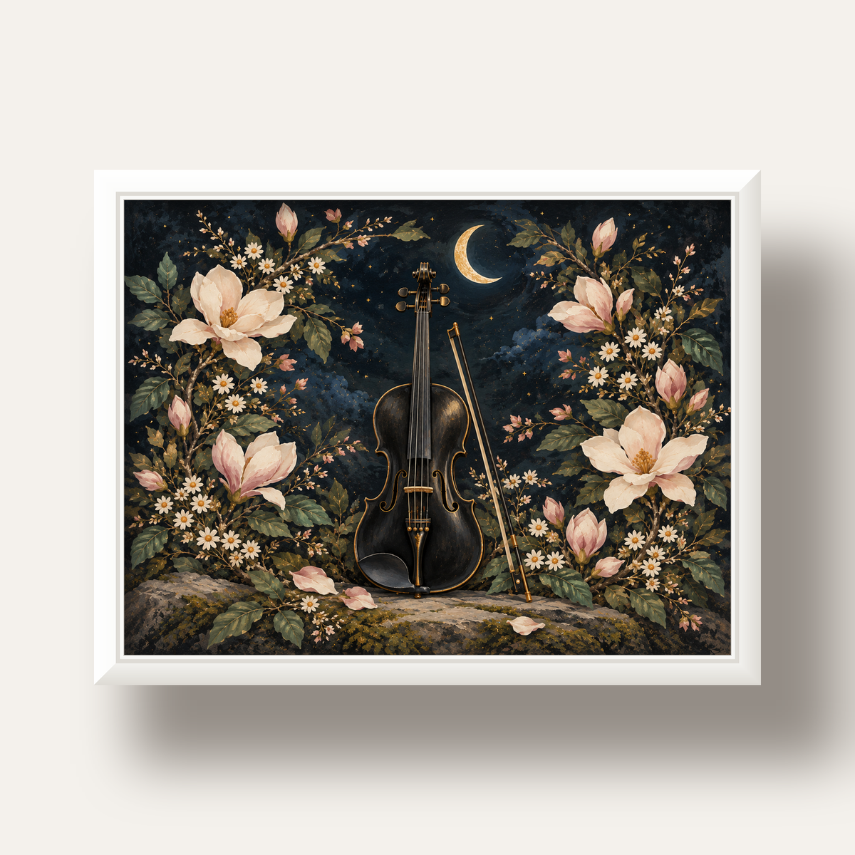 Keman ve Çiçekli Gece: Sanatsal Romantik Poster Baskı — beyaz derin çerçeveli