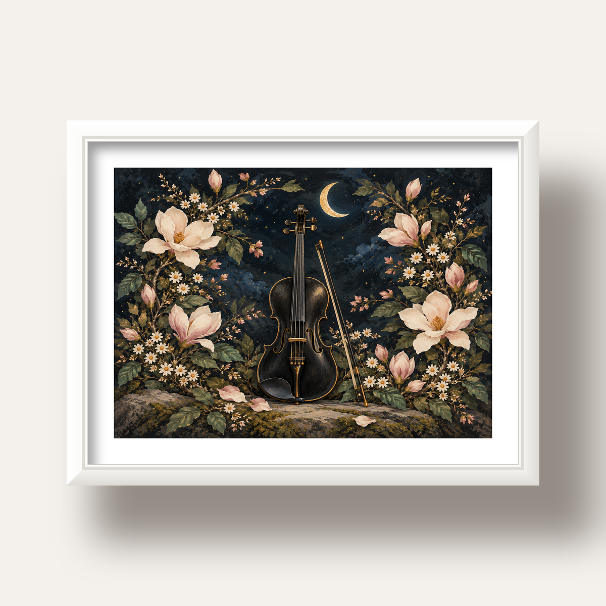 Keman ve Çiçekli Gece: Sanatsal Romantik Poster Baskı — beyaz derin çerçeveli paspartulu