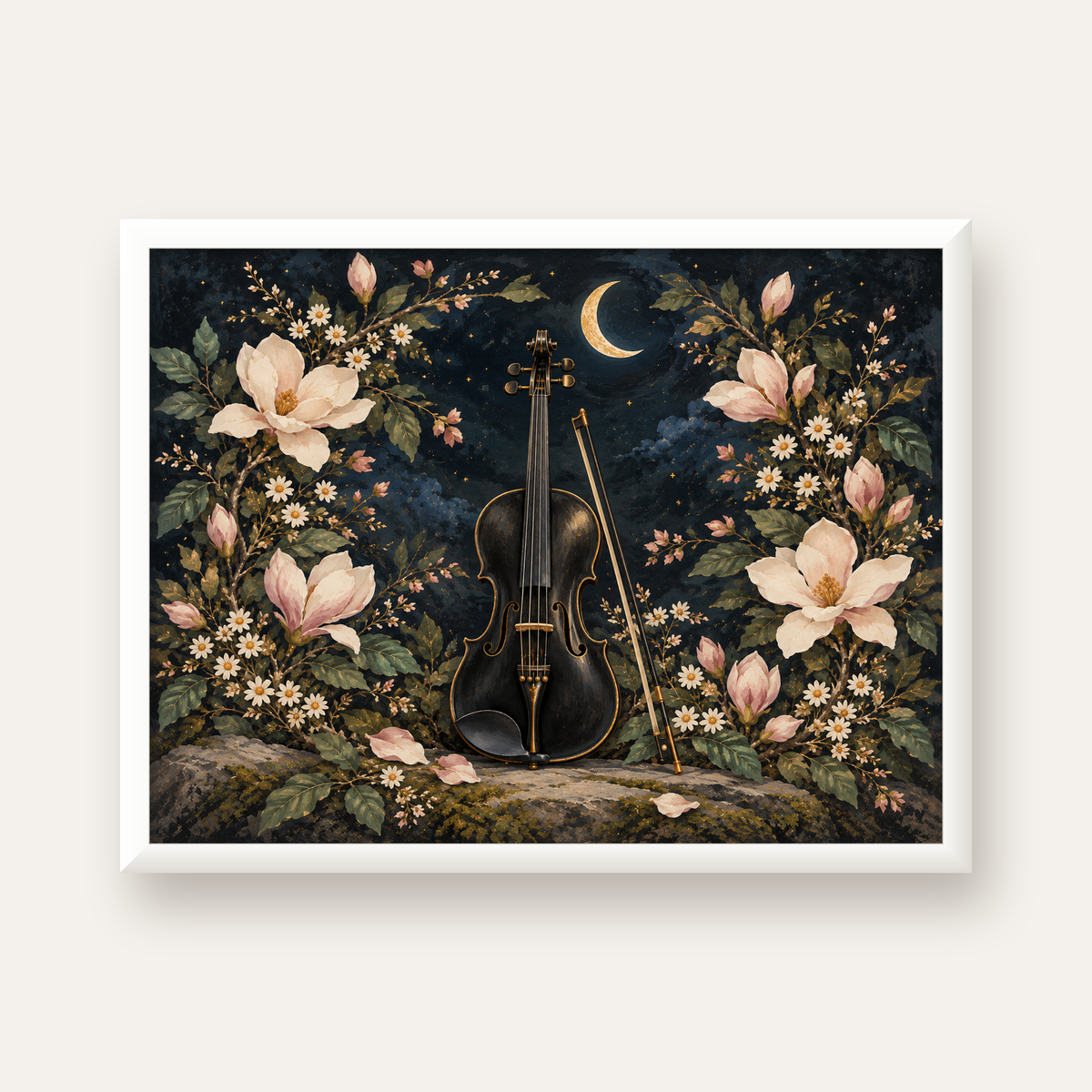 Keman ve Çiçekli Gece: Sanatsal Romantik Poster Baskı — beyaz çerçeveli yatay poster