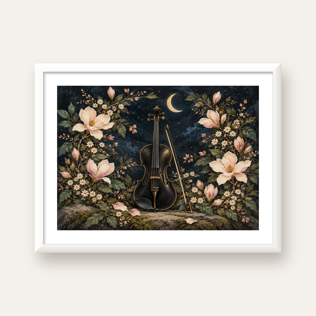 Keman ve Çiçekli Gece: Sanatsal Romantik Poster Baskı — beyaz çerçeveli yatay poster
