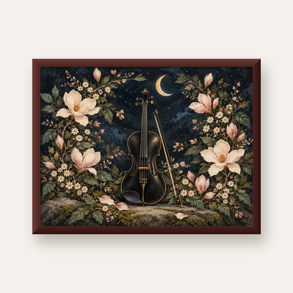 Keman ve Çiçekli Gece: Sanatsal Romantik Poster Baskı — ceviz çerçeveli