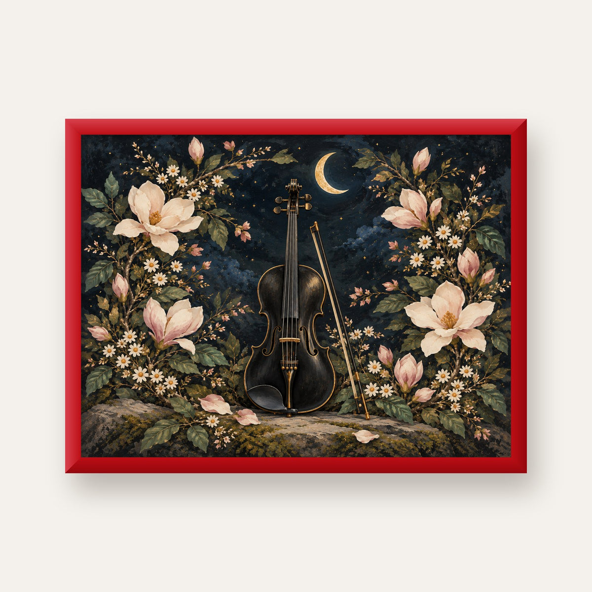 Keman ve Çiçekli Gece: Sanatsal Romantik Poster Baskı — kırmızı çerçeveli