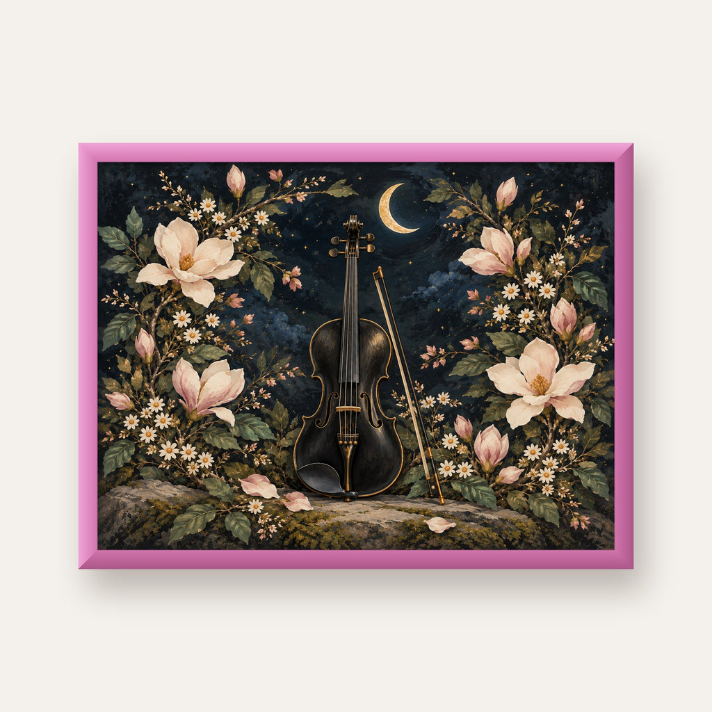 Keman ve Çiçekli Gece: Sanatsal Romantik Poster Baskı — pembe çerçeveli