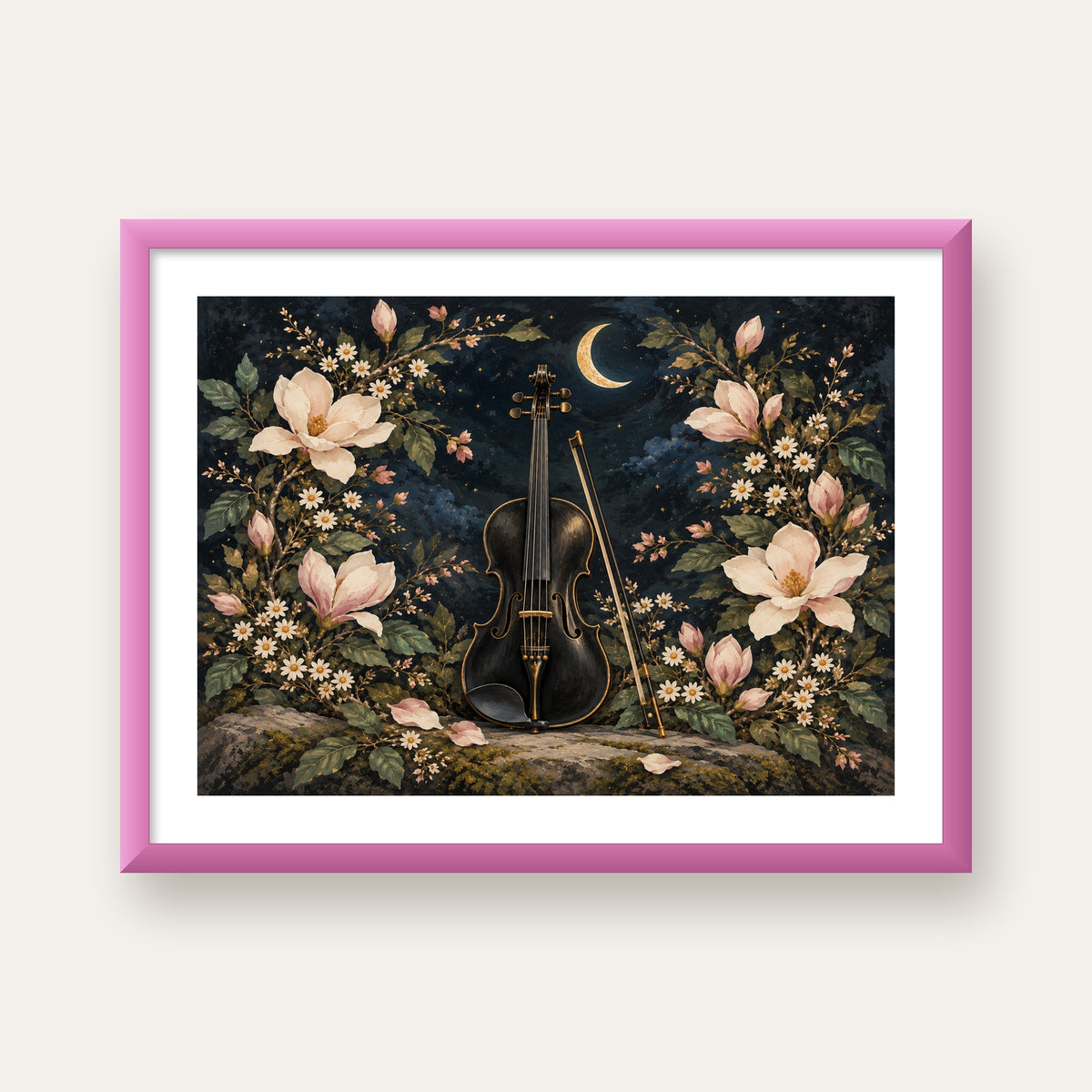 Keman ve Çiçekli Gece: Sanatsal Romantik Poster Baskı — pembe çerçeveli paspartulu