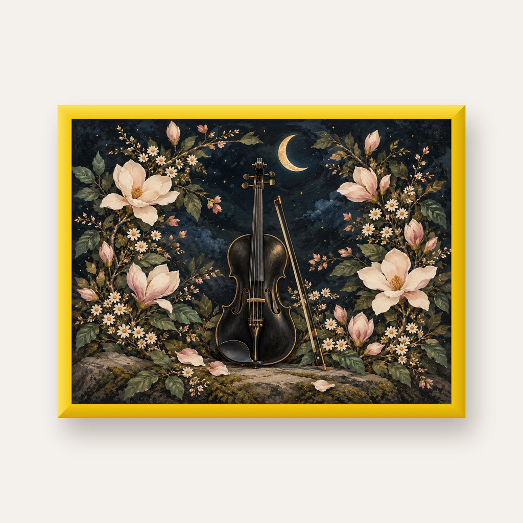 Keman ve Çiçekli Gece: Sanatsal Romantik Poster Baskı — sarı çerçeveli