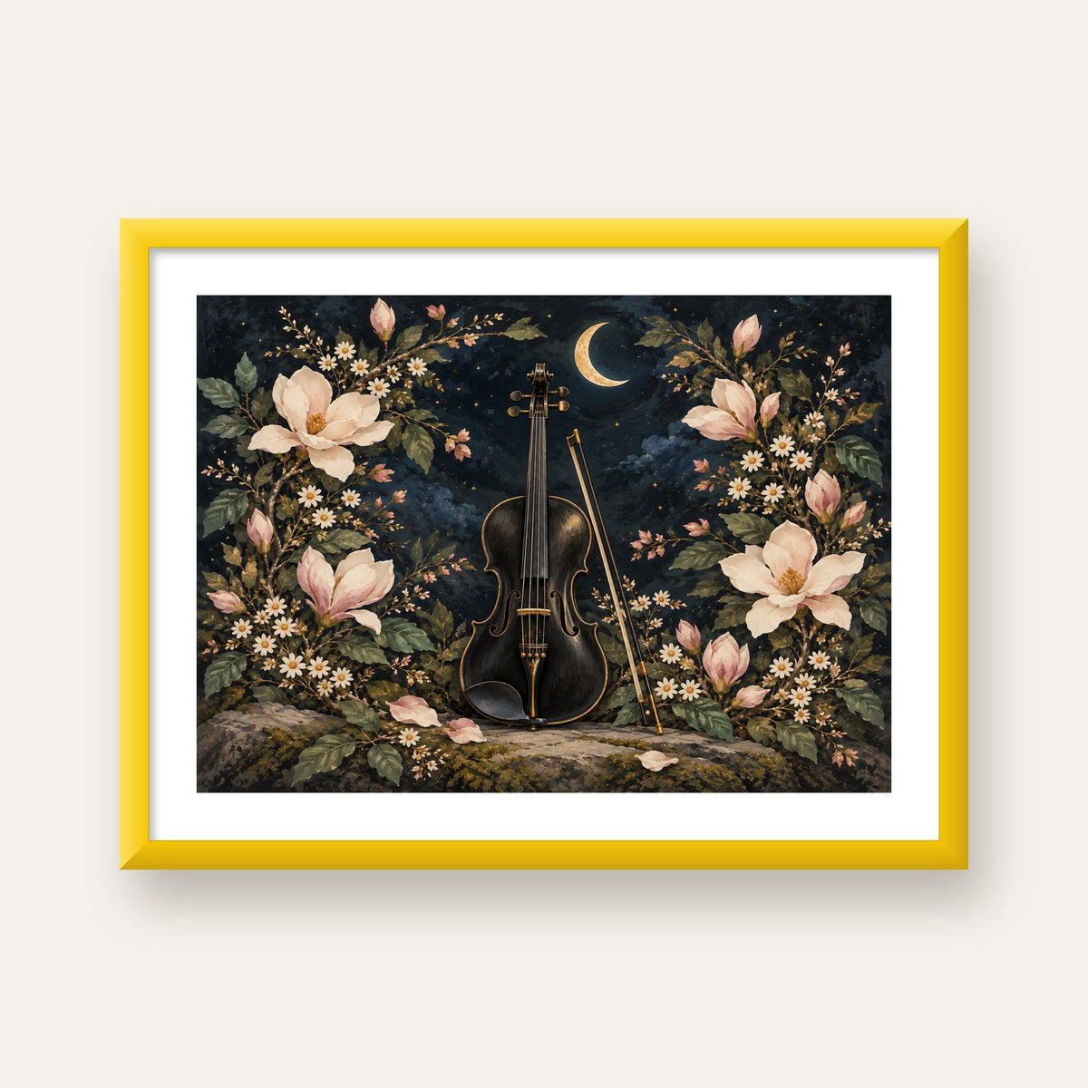 Keman ve Çiçekli Gece: Sanatsal Romantik Poster Baskı — sarı çerçeveli paspartulu