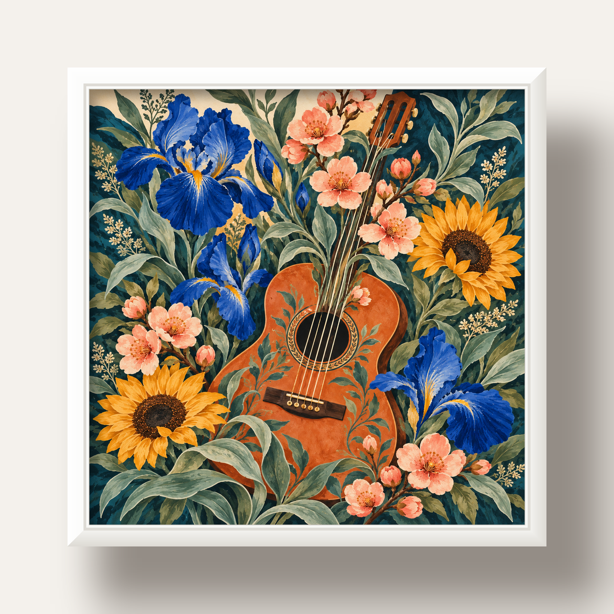 Suluboya Çiçekler Arasında Klasik Gitar Poster Baskı — beyaz derin çerçeveli