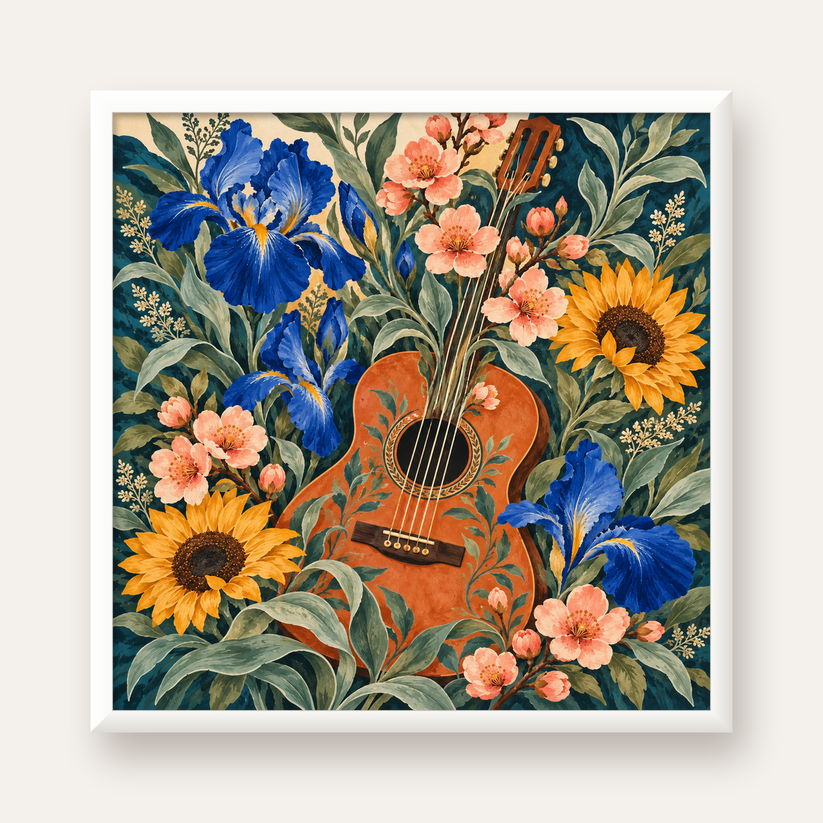 Suluboya Çiçekler Arasında Klasik Gitar Poster Baskı — beyaz çerçeveli kare poster